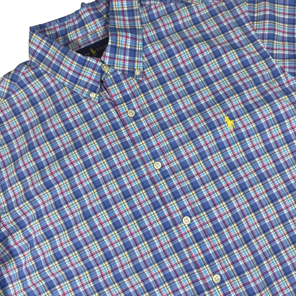 Ralph Lauren Plaid‎ Button Down Shirt Mens XL Blue Pink Plaid Short Sleeve